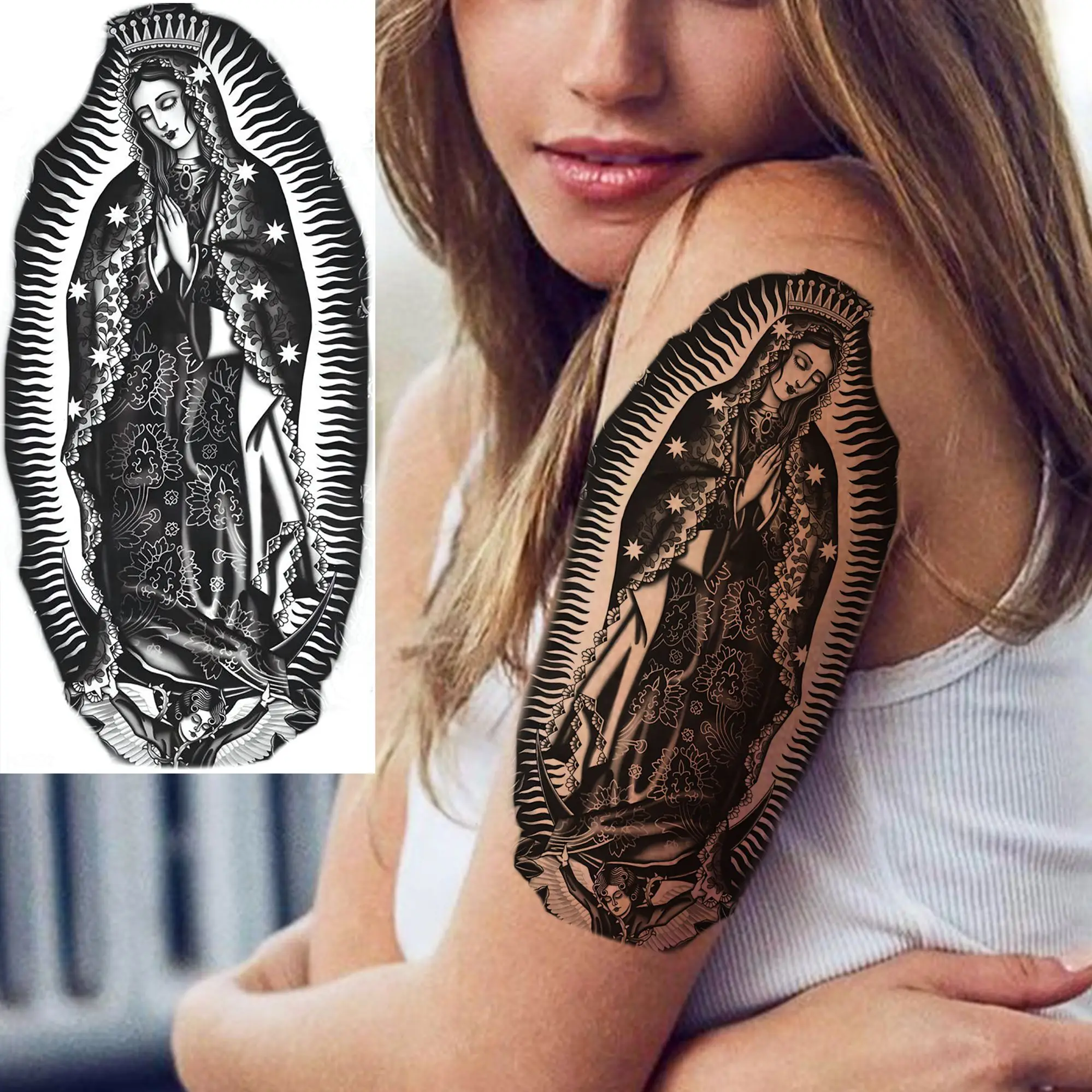 1 Sheet Waterproof Chicano Guadalupe Virgin Mary Temporary Tattoos Mexico Holy Mother Tatoos Realistic Fake Tattoo Body Stickers