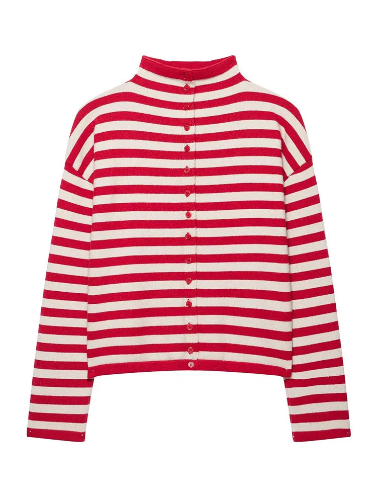 HH Casual Soft Cozy Red White Knit Top Women Autumn Winter Comfy Long Sleeve Relaxed Fit Outdoor City Walk Chic Fashion Knitwear
