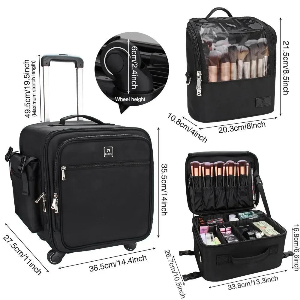 Rolling Makeup Case Professional Makeup Train Case Artist Travel Organizer 4 in 1 with Dual Makeup Brush Case and Wheels