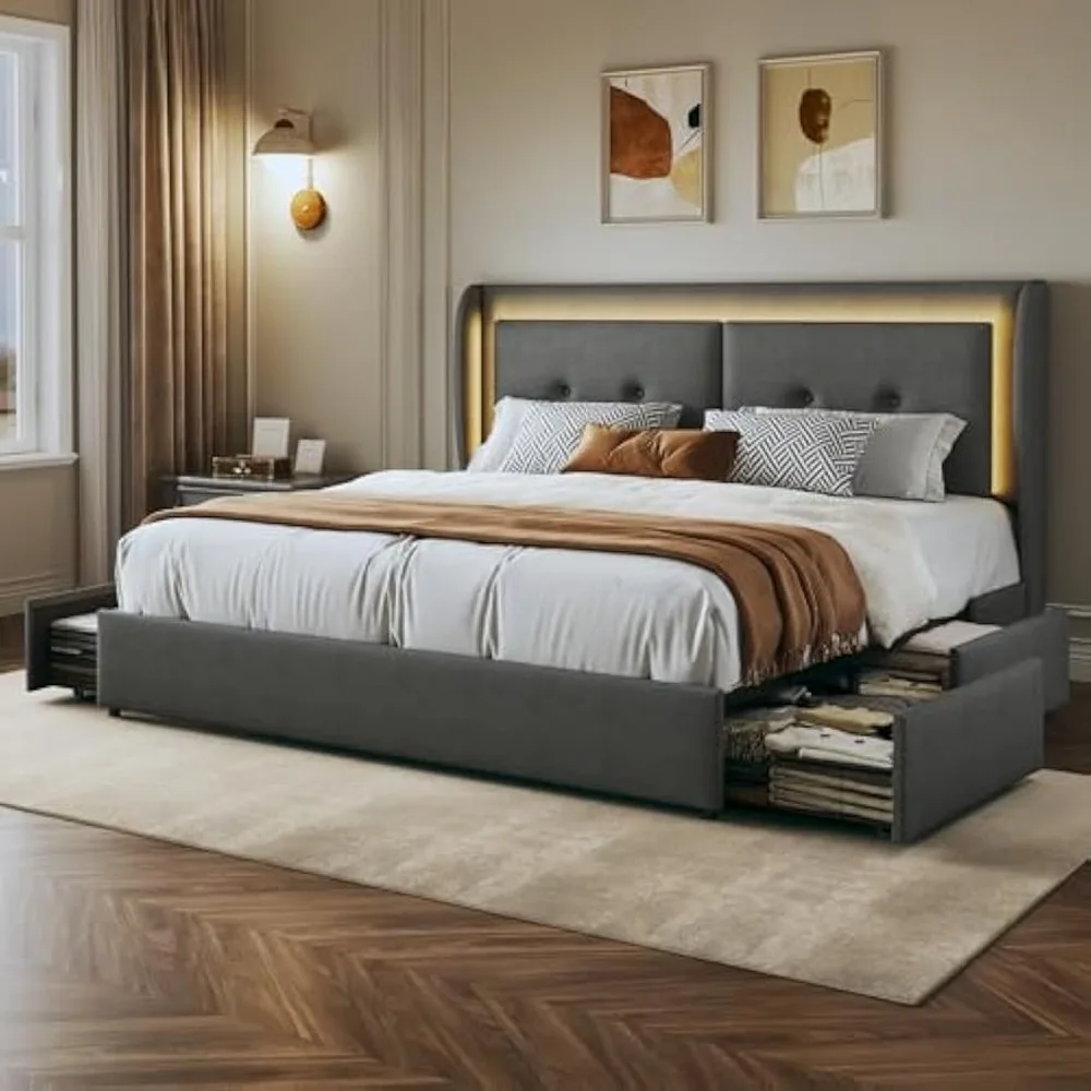 

Queen Bed Frame with Storage, Upholstered Platform Bed Frame with Drawers, LED Tall Headboard Wingback, Simple Style Platform