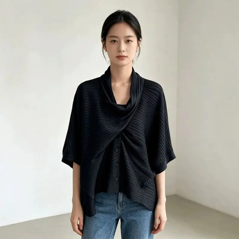 Women's Open Cardigan Loose Batwing Sleeve Shirt Spring Autumn Versatile Wind Blouse Three Fold Cross Collar Casual Style Pol...