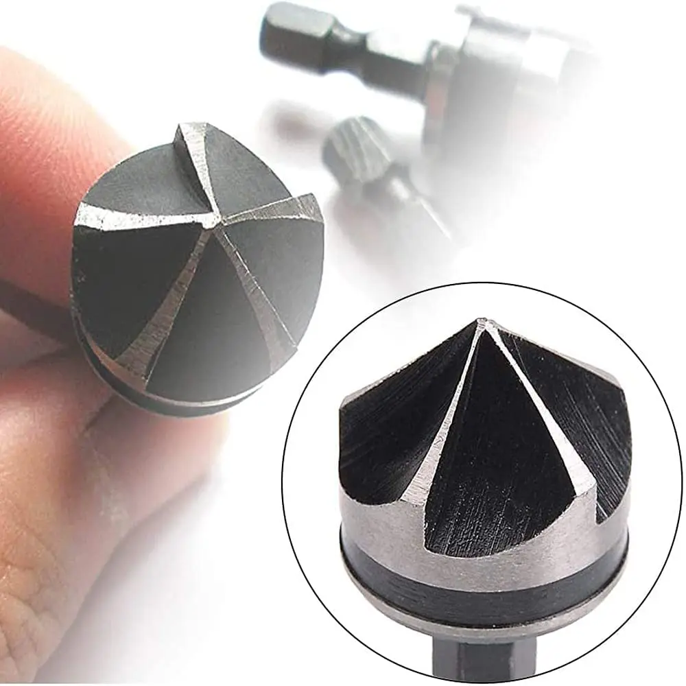 Zestaw frezów stożkowych ze stali szybkotnącej z chwytem sześciokątnym do fazowania, pogłębiania i obróbki drewna i metalu.