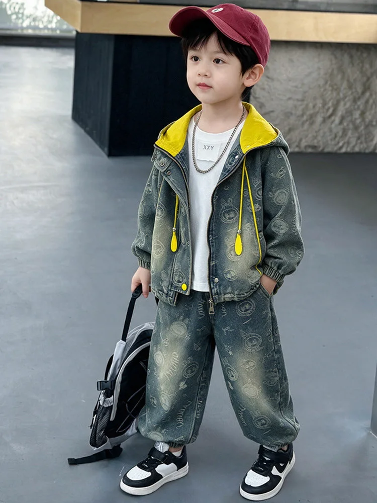 Spring Autumn Children Clothes Suit Boys Denim Hooded Jacket+Jeans 2Pcs/Set Casual Teen Outfit 2-11Year Boy Outdoor Clothing