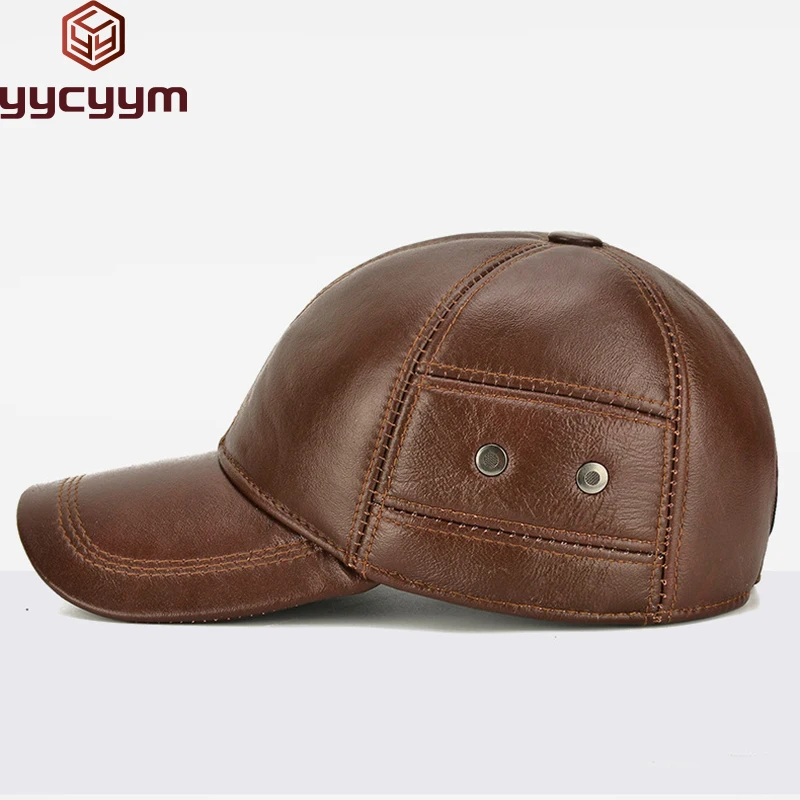 2024 New Style Men Cowhide Hat Winter Warm Outdoor Protect Ear Real Leather Adjustable Baseball Cap Men Real Cowhide Leather Cap