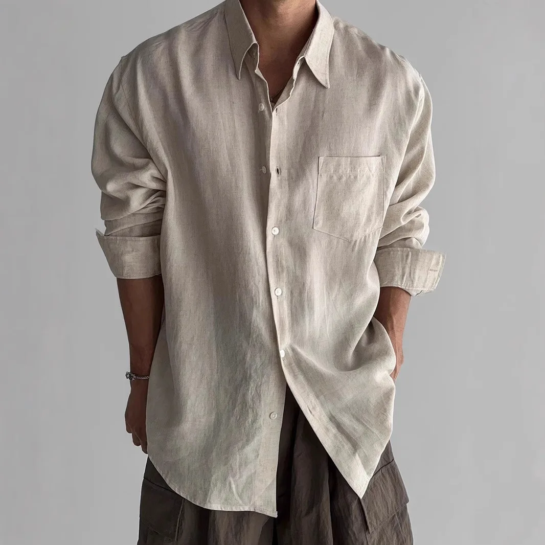 American Vintage Solid Loose Long Sleeve Pocket Shirt Men's Casual Top