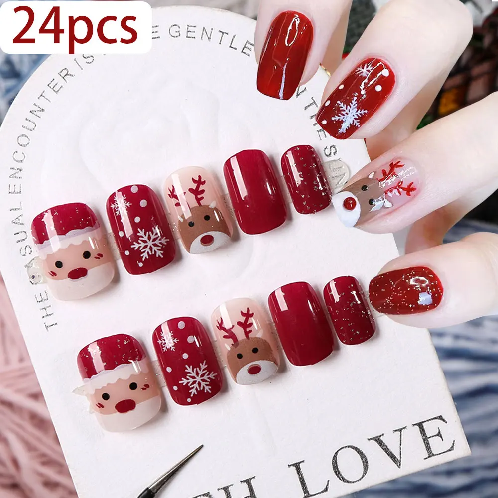 24 pièces mignon flocon de neige wapiti père noël noël presse sur ongles 3D court carré rouge noël faux ongles Kawaii Nail Art décorations