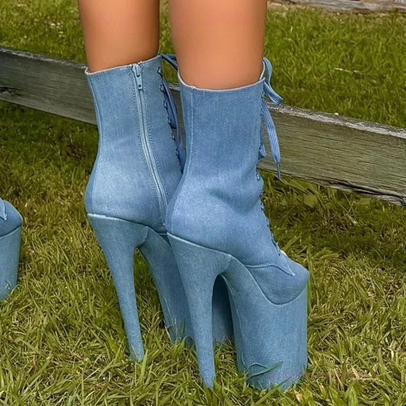 Calf Length Denim Blue Lace Up Boots 20cm Heels Women Pole Dancing 8 Inch Platform Stiletto Heels Patchwork Ankle Booties Shoes
