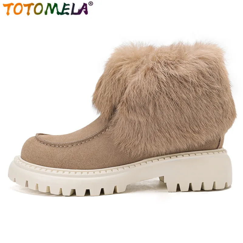 TOTOMELA Size 34-40 Snow Boots Women Rabbit Fur Platform Winter Boots Thick Fur Warm Ladies Ankle Boots Retro Ladies Shoes