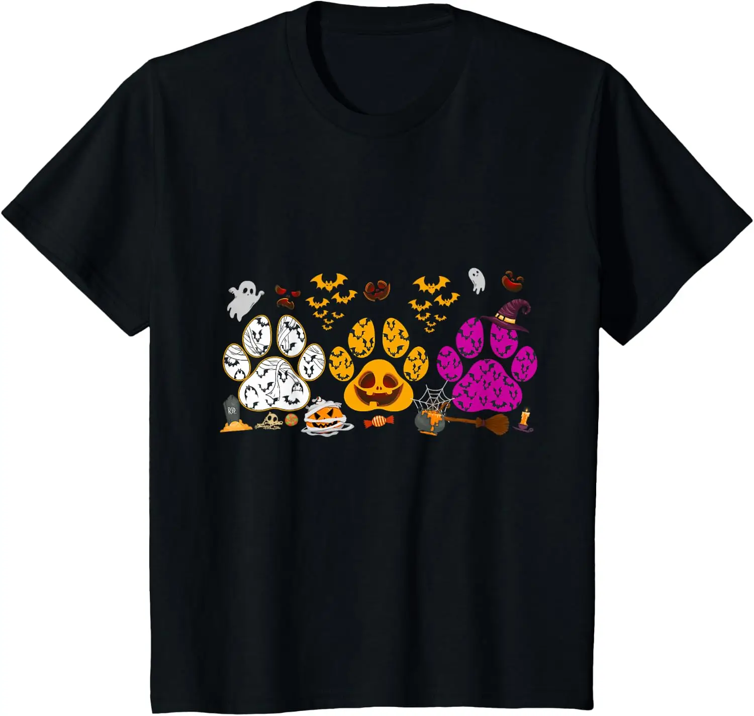 Funny Paw Print Halloween Dog Candy Pumpkin Ghost Dog Lovers T-Shirt Unisex Children’s Wear Camiseta Streetwear
