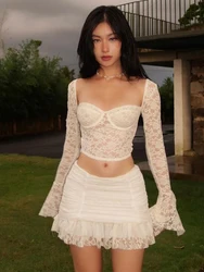 Women Lace Skirt Sets 90s Vintage Long Sleeve T-shirt with A-Line Mini Skirts Y2k Elegant Two Piece Suit 2000s Cutecore Clothes