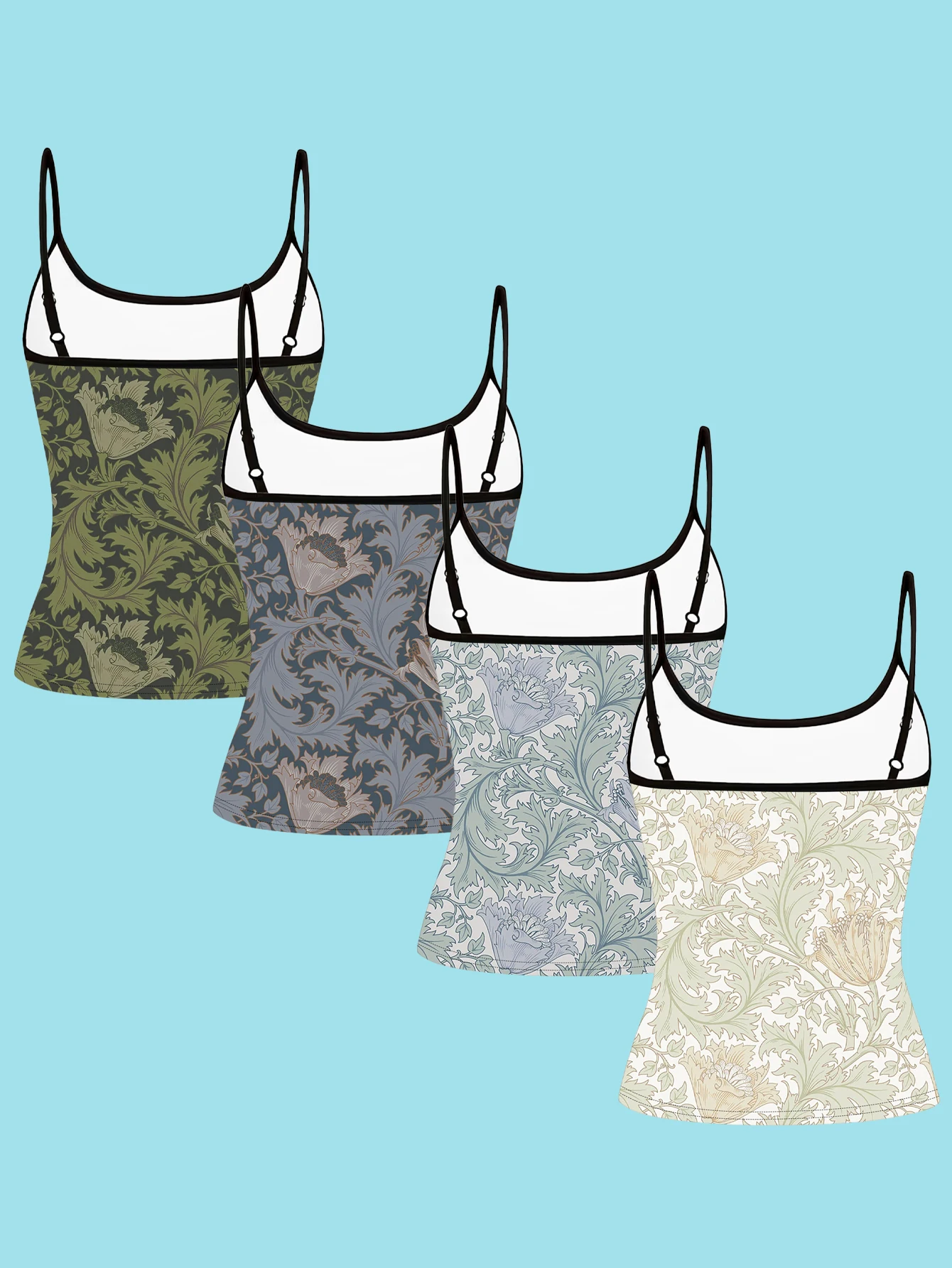 4-Piece Set of Women's Spaghetti Strap Camisoles, Vintage William Morris Floral Print Slim-Fit Sleeveless Tops, Artistic Forest Style Outerwear and Innerwear Base Layer Shirts