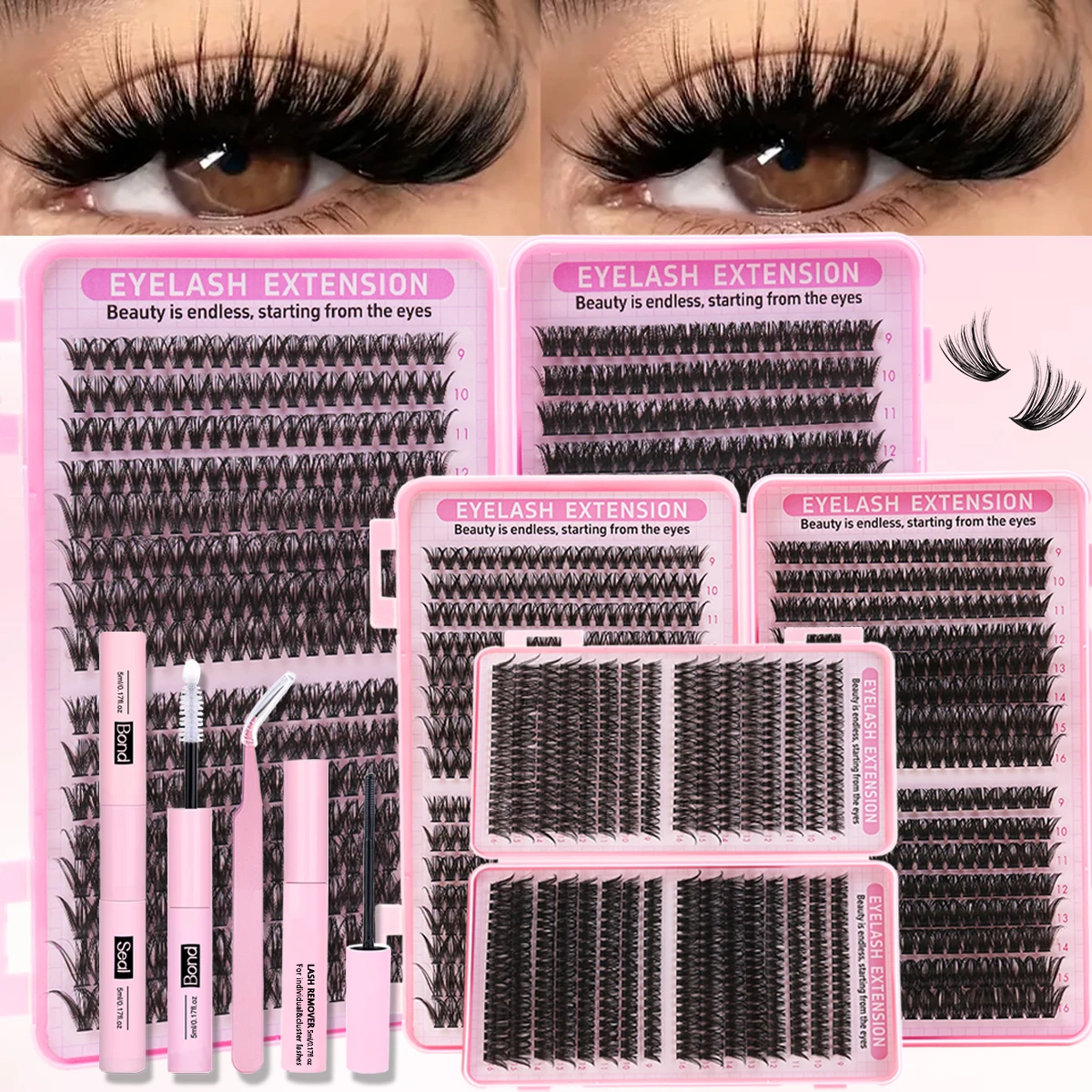 DIY Wimpernverlängerungsset, Wimperncluster-Set, natürliche C-Locken-Cluster, individuelles Wimpern-Set mit Wimpernbindung und Siegelpinzette