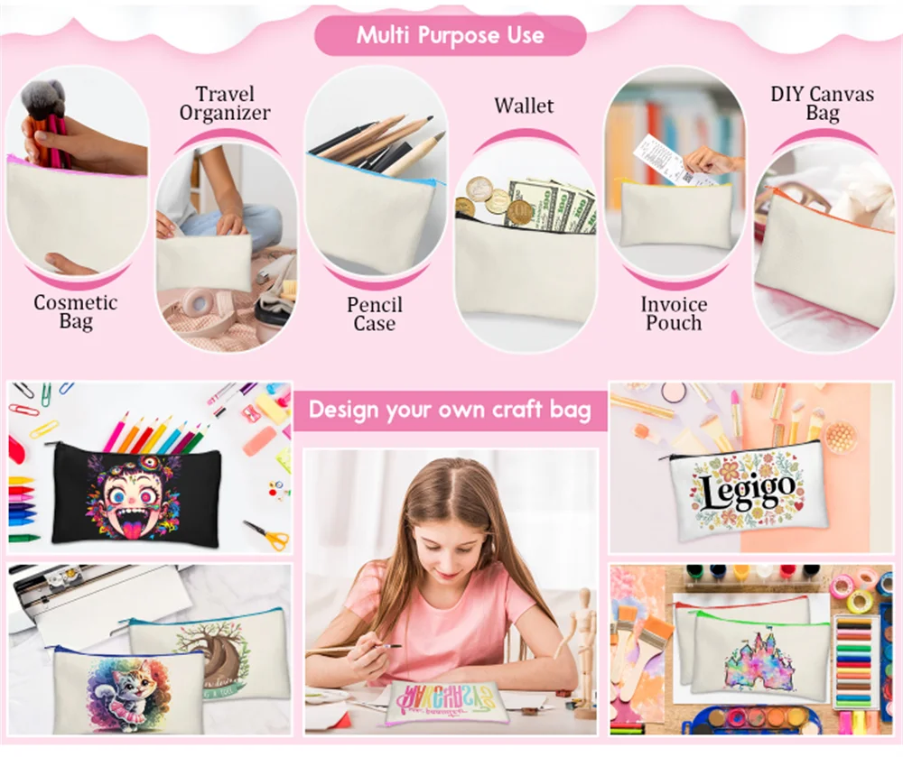 10 Stück leere Canvas-Taschen mit Reißverschluss, Make-up-Taschen, Mehrzweck-Federmäppchen mit robustem Reißverschluss, Kosmetiktasche für Reisen – Detail 1