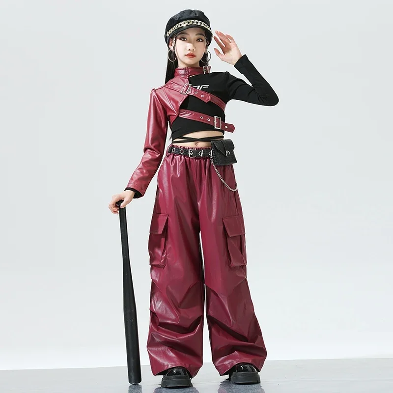 معطف أحمر بنطال جلدي أزياء رقص الجاز أداء Kpop الزي للأطفال الحفل مرحلة الملابس الفتيات المدرج عرض الملابس