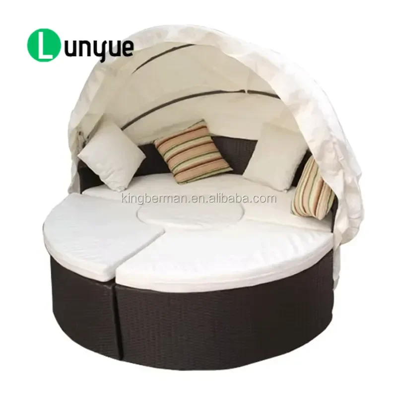 Outdoor Round Rattan Sofa Bed with Canopy Wicker Recliner Stylish Patio Furniture for Garden Poolside Lounge Durable
