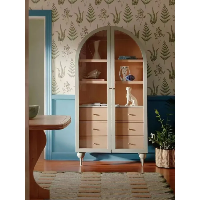 Solid wood bookcase locker, French retro arched living room medieval side cabinet