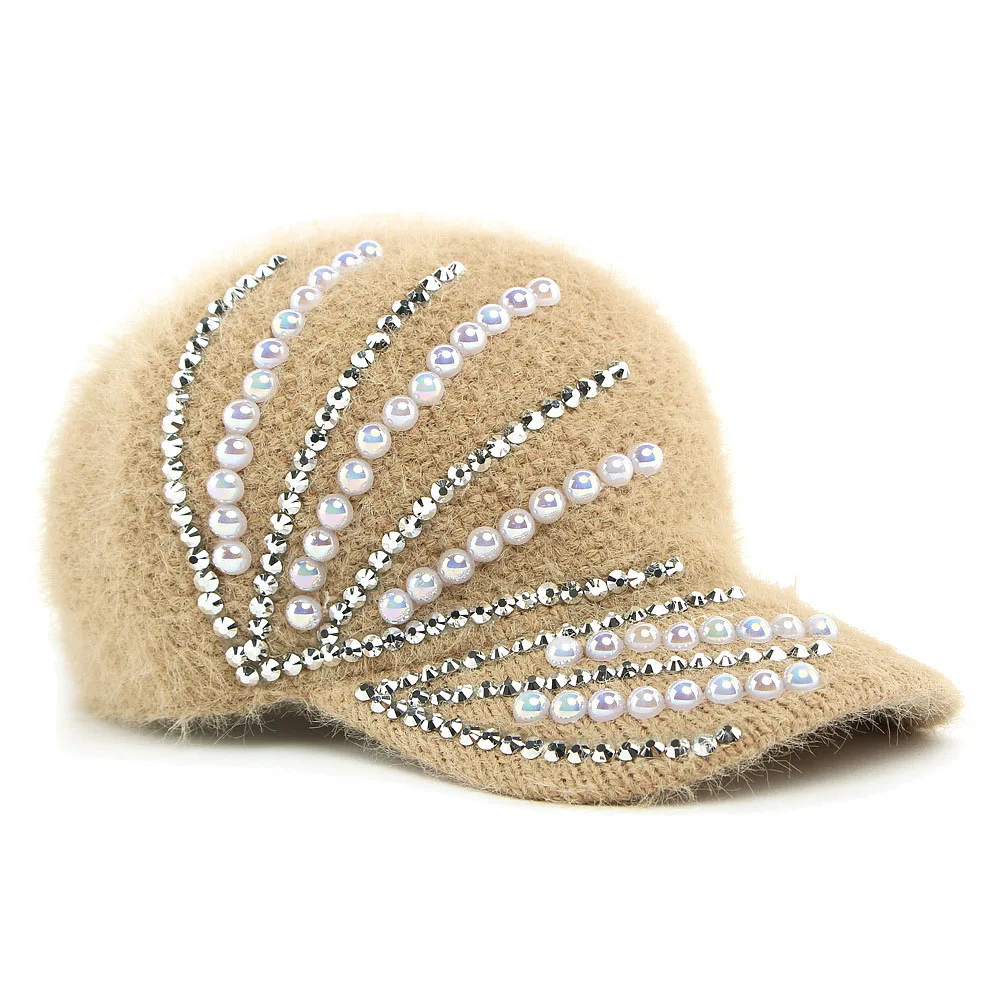 Simple Solid Color Warm Baseball Cap Inlaid with Diamond Pearl Decoration Baseball Cap Dot Pearl Diamond Knitted Handmade Hat