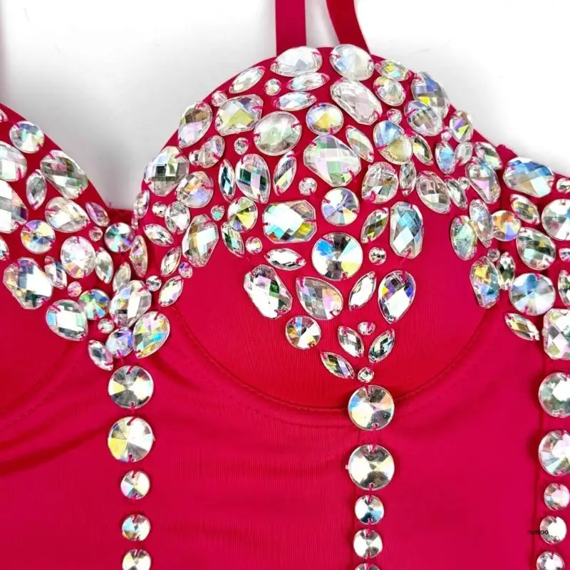 Women's Glittering Rhinestones Fishbone Push Up Camisole Tanks Top Spaghetti Straps Bustier Corset Vest for Club Party