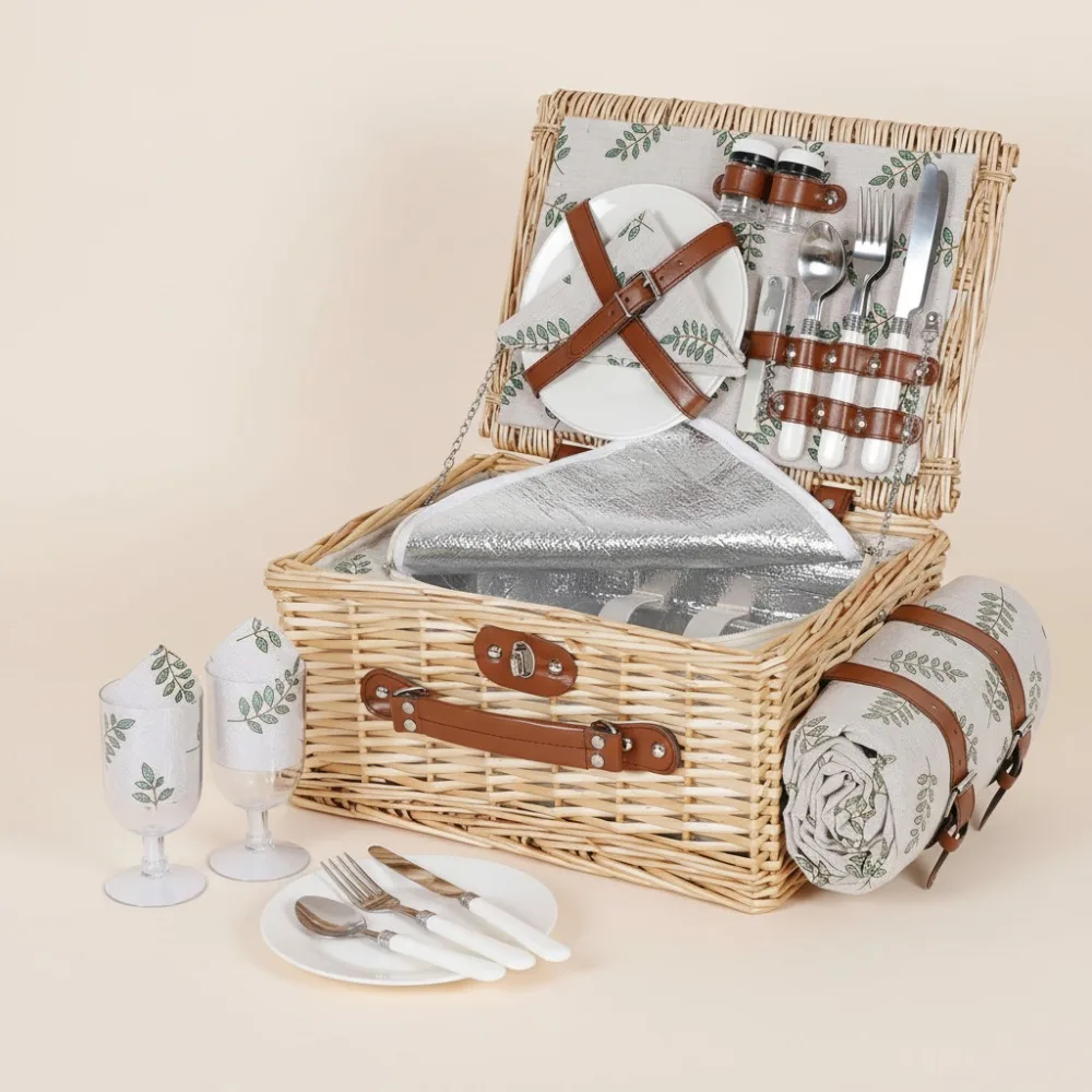 

Premium Wicker Picnic Basket Set for 2 - Insulated Cooler, Waterproof Blanket & Complete Cutlery Kit for Outdoor Camping