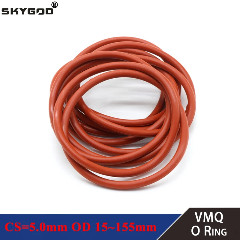 10Pcs VMQ O Ring Gasket CS 5mm OD 15 ~ 155mm Waterproof Washer Silicone Rubber Insulate Round O Shape Seal Red Food Grade