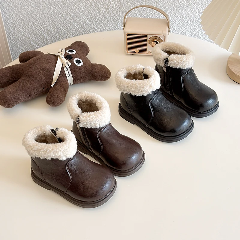 Snow Boots for Children Girls Flat Heel Mid-calf Boot Winter Footwear Boots Luxury Designer Round Toe Kids Fur Shoes Girl