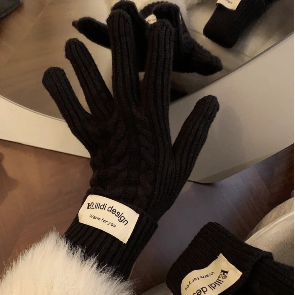 Polyester Cable Knitted Gloves Solid Color One Size Full Finger Gloves Warm Lining Long Cuff Design Cold Proof Gloves Cycling