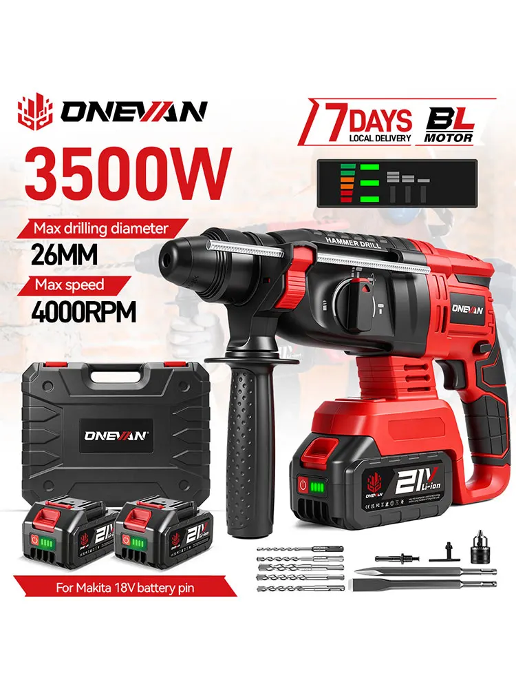 ONEVAN 3500W Bürstenloser Elektrohammer 4 Modi Kabelloser Multifunktions-Schlagbohrer Elektrowerkzeug für Makita 18V Akku