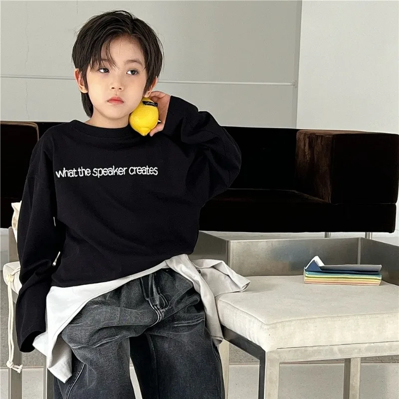 

Boys Shirts 2025 Autumn Pure Cotton Long Sleeve Top Korean Style Embroidered Inner Layer Long-Sleeve Base Layer Tops