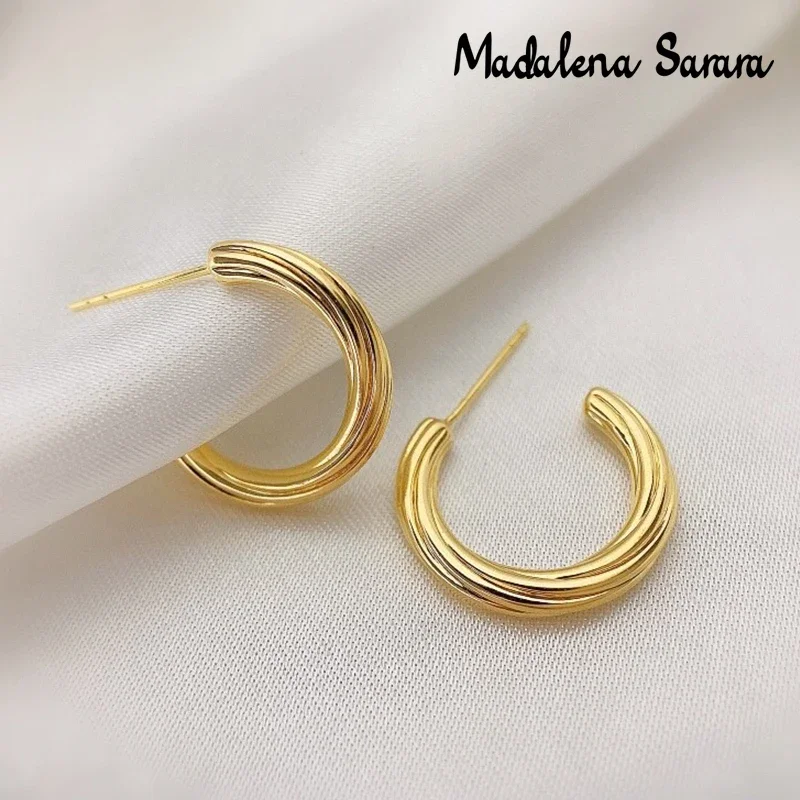 DSHIJOJ Pure 18k Gold Earrings Geometric Circle Wire Drawing C Style Women Dangle Earrings Au750 Stamp