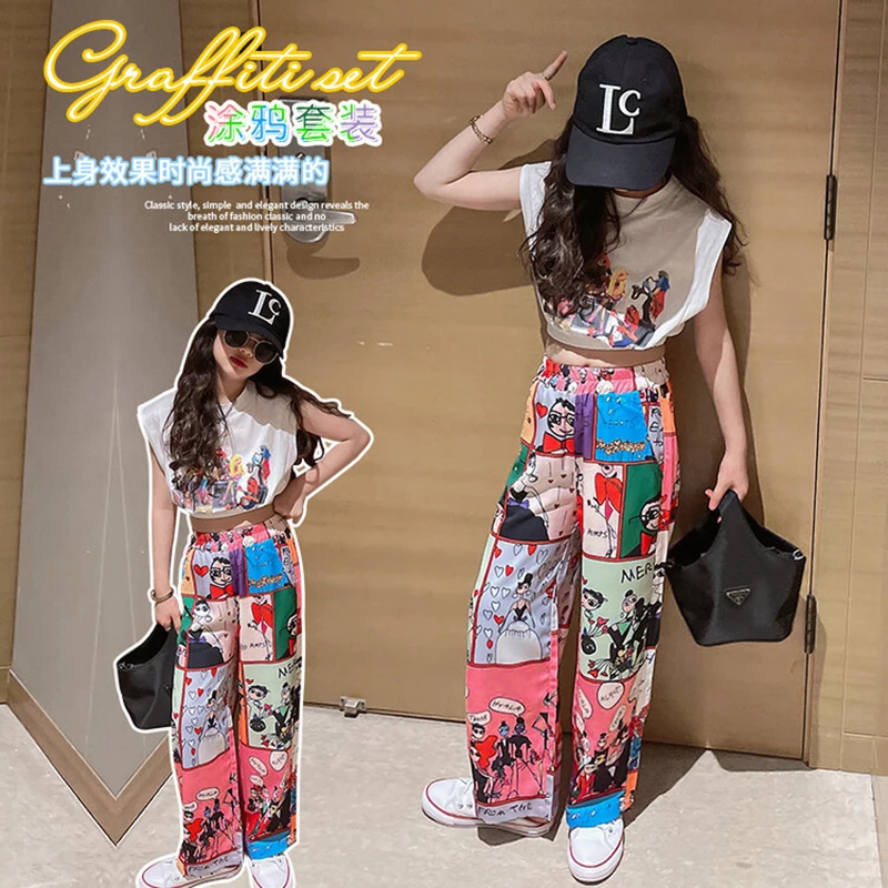 New Outfits Teenagers Kids Clothes Suit Graffiti Summer Korean Clothing Girls Clothes 4 6 8 10 12 Years Tracksuit for Children