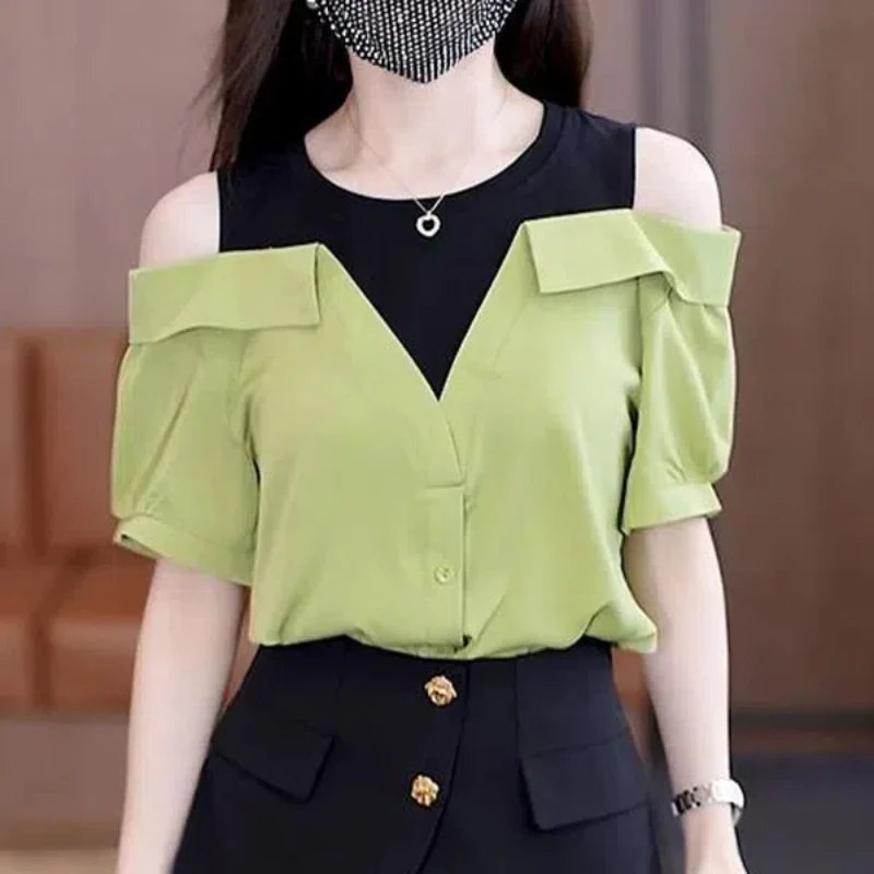 2024 Summer Women\'s Casual Fashion Elegant Commuting Round Neck Pullover with Hollow Open Back Panel Loose Short sleeved Top