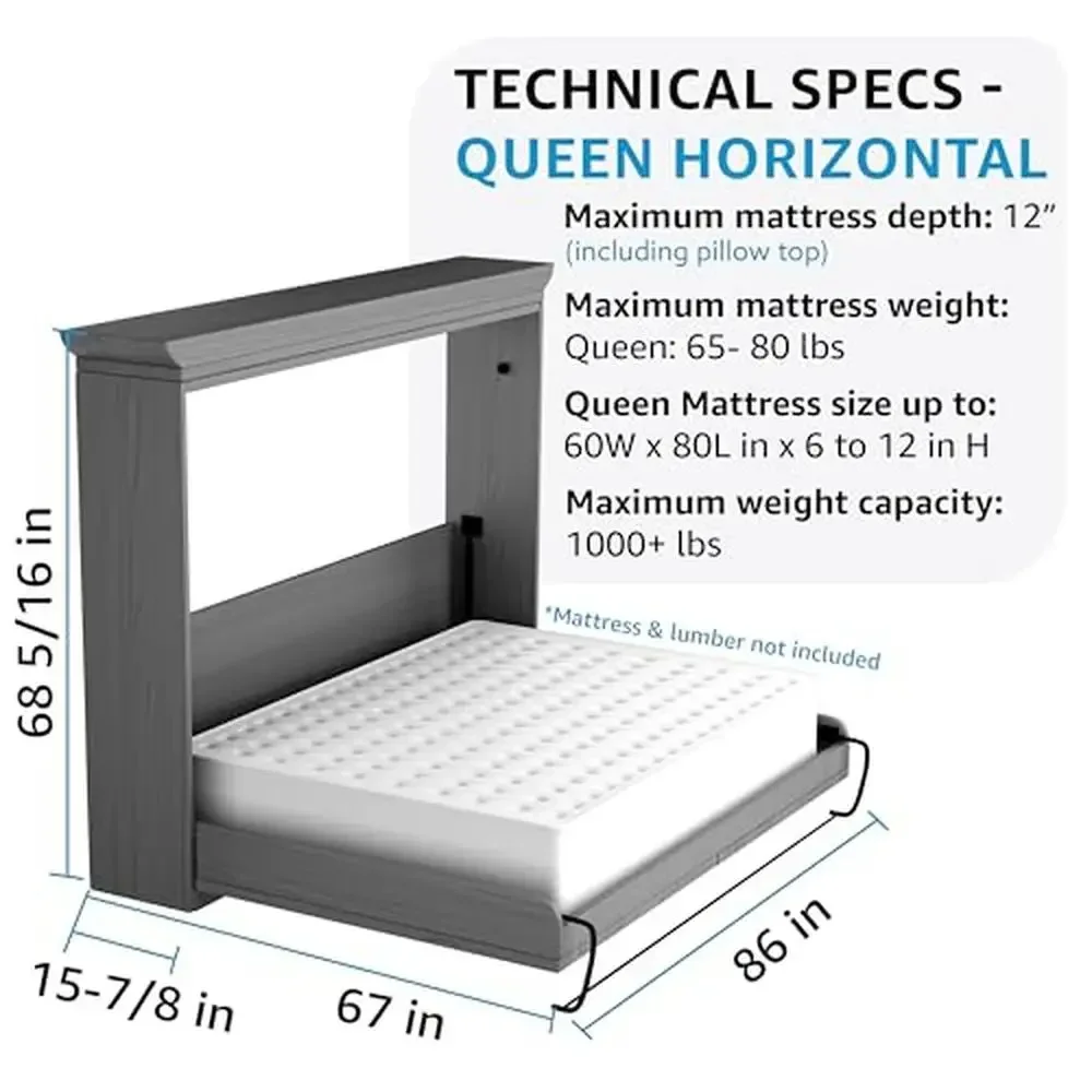 Horizontal Queen Size Murphy Bed Kit American Steel Detailed Instructions Commercial Grade Pistons Lifetime Quality & Support