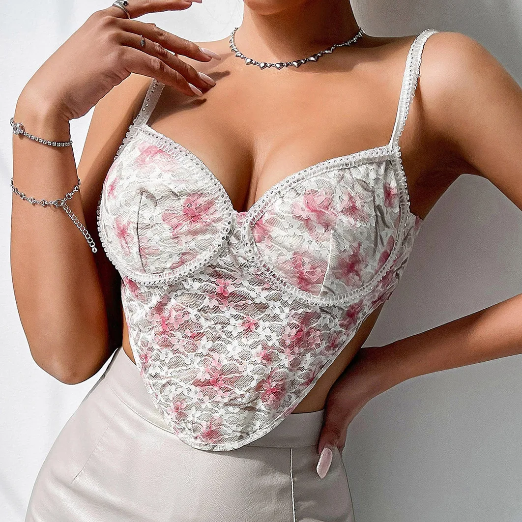 

2024 Spaghetti Strap French Floral Top Women V Neck Basic Pink Cami Sleeveless Lace Up Tank Tops Women'S Summer Camisole