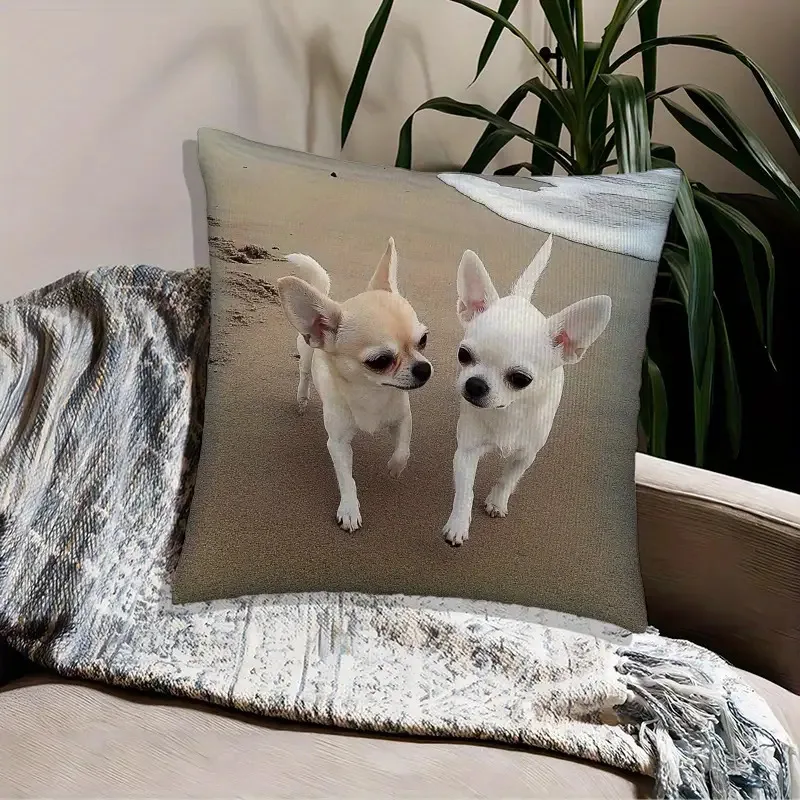 Adorable Chihuahua Dog Pillow Case Double-Sided Beach Photo Printed Decorative Cushion Cover, Pet Home Decor for Sofa Room, 1PC