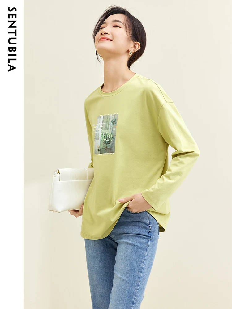 SENTUBILA Autumn Women\'s Print Long Sleeve T-Shirts 2024 New Simple Loose Round Neck Tshirt Female Bottoming Shirt Top M33T50564