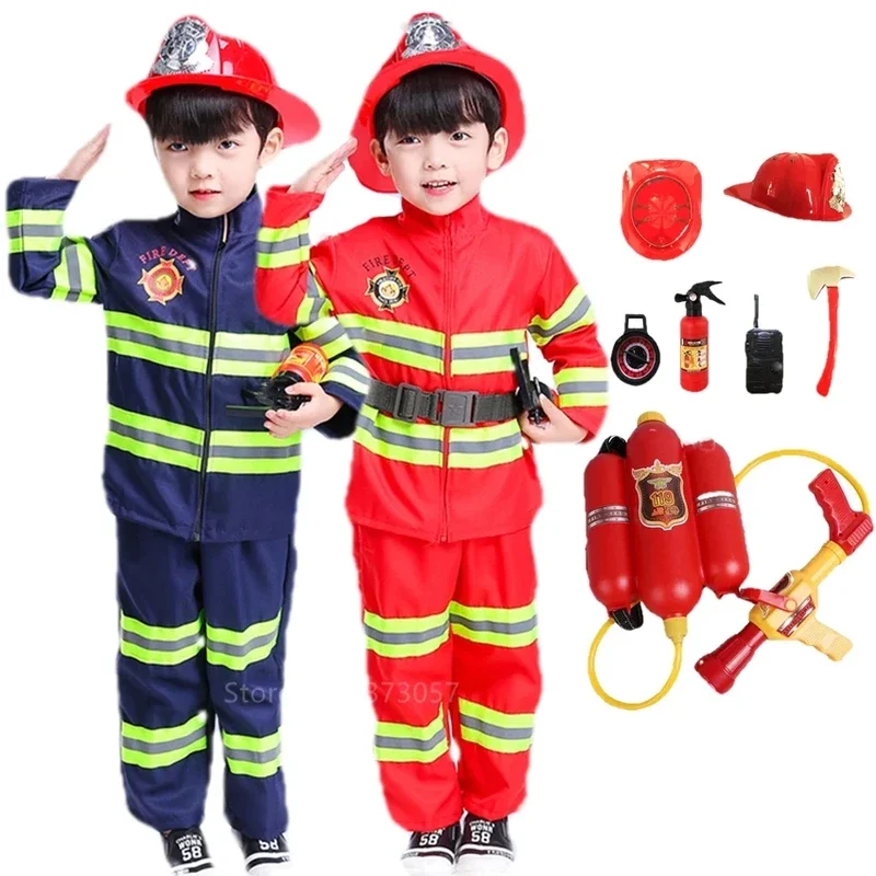 New Year Halloween Costume for Kid Firefighter Uniform Children Cosplay Fireman Role Play Fancy Clothes Boy Fancy Party Cosplay