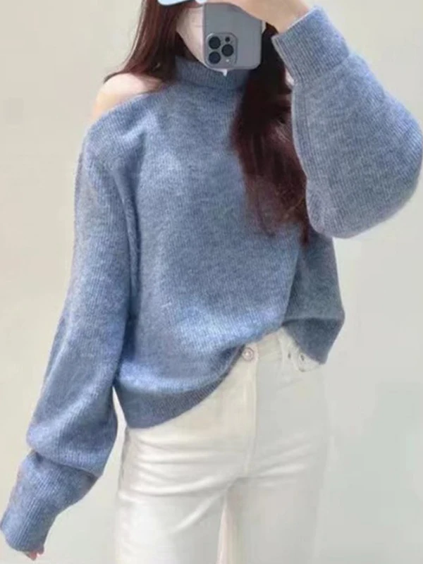 

Sexy Single oulder High Collar Knitted Woolen Top Girlfriend Multifunctional Autumn Winter Faion Commute Sle Long Sve