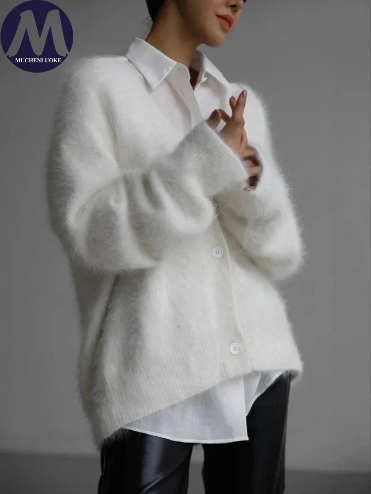

Cardigan for Women Spring Autumn Imitation Mink Fur Long Sleeves Knitted Cardigan Fashion Casual Loose Street Trendy Outerwear