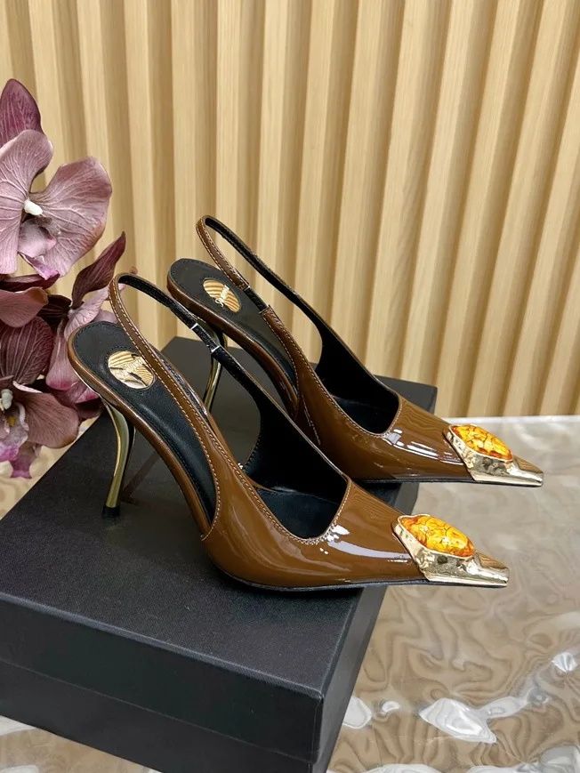 New Spring and Summer Women's High Heels High-end Metal Square Head Patent Leather Stiletto Comfortable Back Sandals