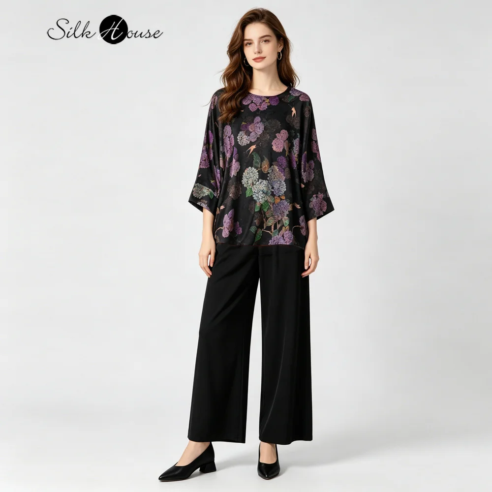 2026 Women's Fashion Summer New 100% Natural Mulberry Silk Gambiered Guangdong Gauze Black Hydrangea Loose Round Neck T-shirt