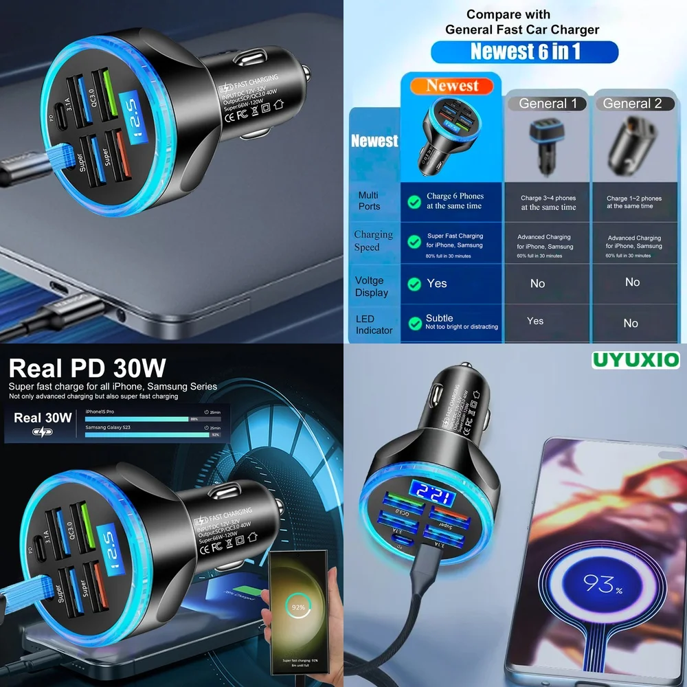 Super Fast Car Charger Fast Charging 6 Ports Smart IC Chip LED Digital Display for iPhone 17 16 15 14 Pro Max Plus Socket PD 30W