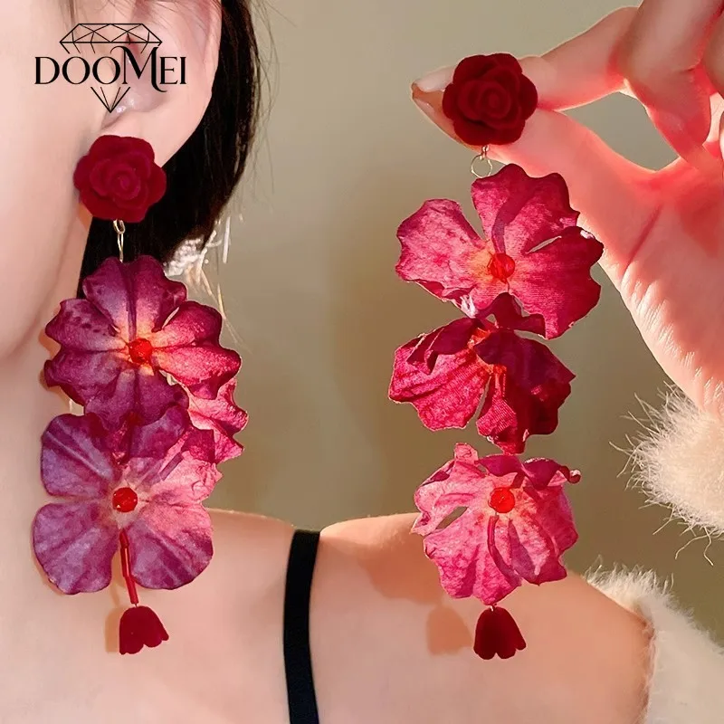 DOO MEI Romantic Oversized Fabric Dangle Earrings for Women Flower Drop Earrings Wedding Evening Party Statement Jewelry
