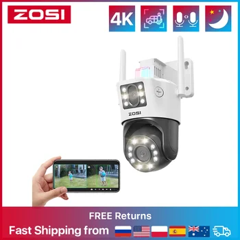 ZOSI 8MP Dual Lens WiFi PTZ Camera Outdoor Motion Track Dual Screens 4K HD IP Camera Wide-angle Telephoto AI Detection Video Measuring