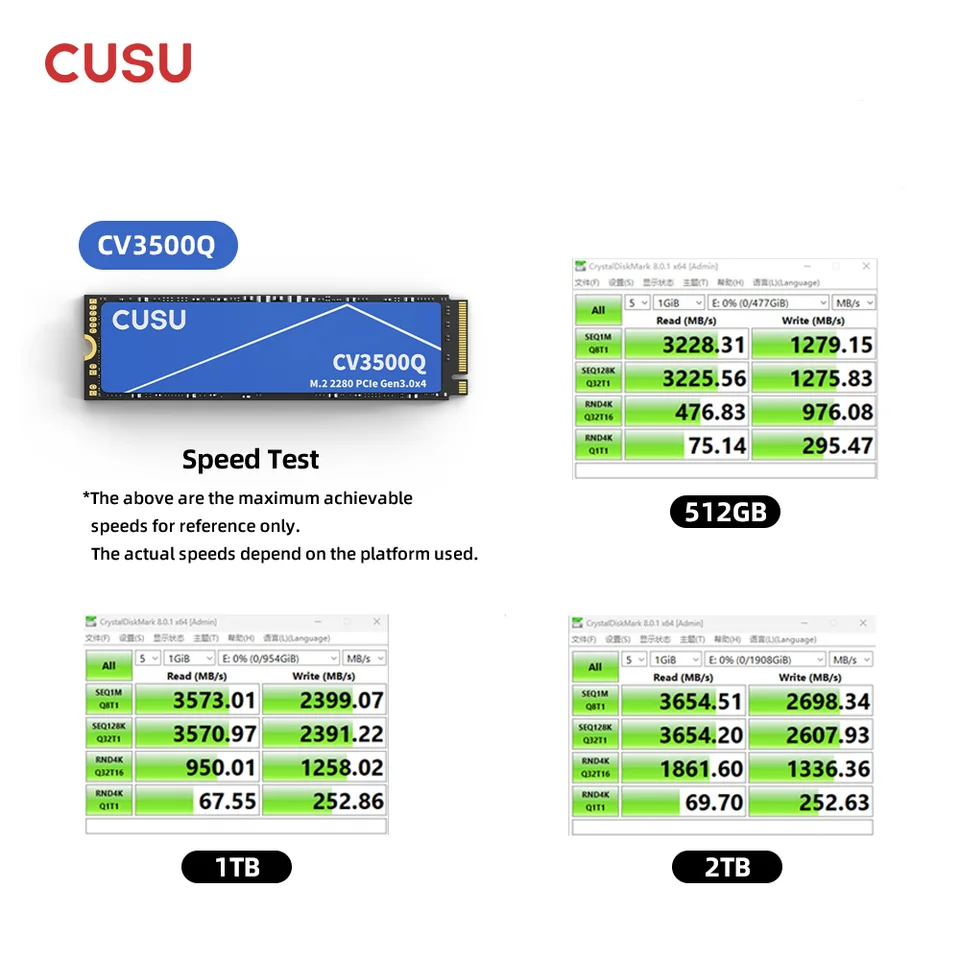 CUSU SSD NVMe M2 512GB 1TB 2TB SSD PCIe3.0 M.2 2280 Hard Drive