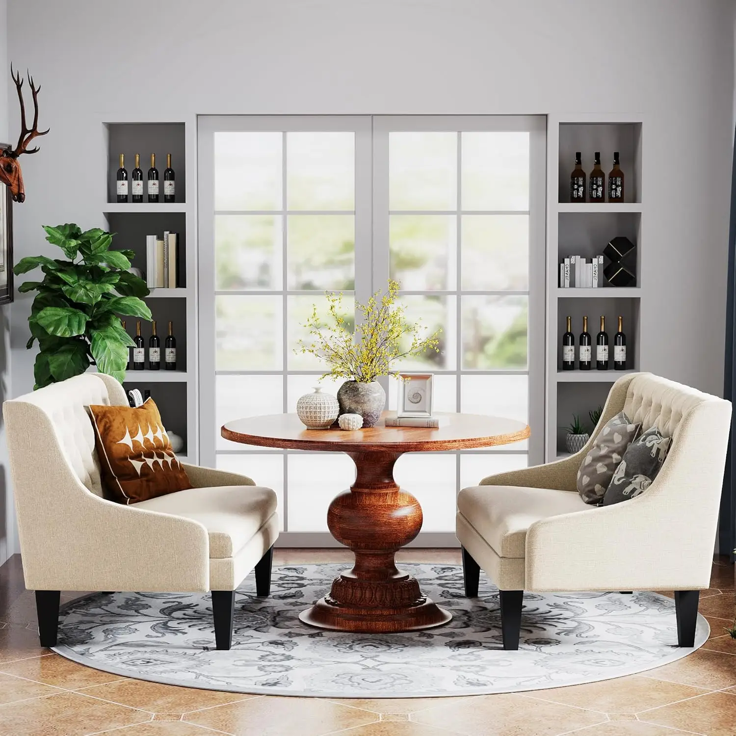 مقعد Loveseat منجد بأزرار خلفية عصرية معنقدة لغرفة الطعام والممر أو الجلوس في المدخل، عاجي