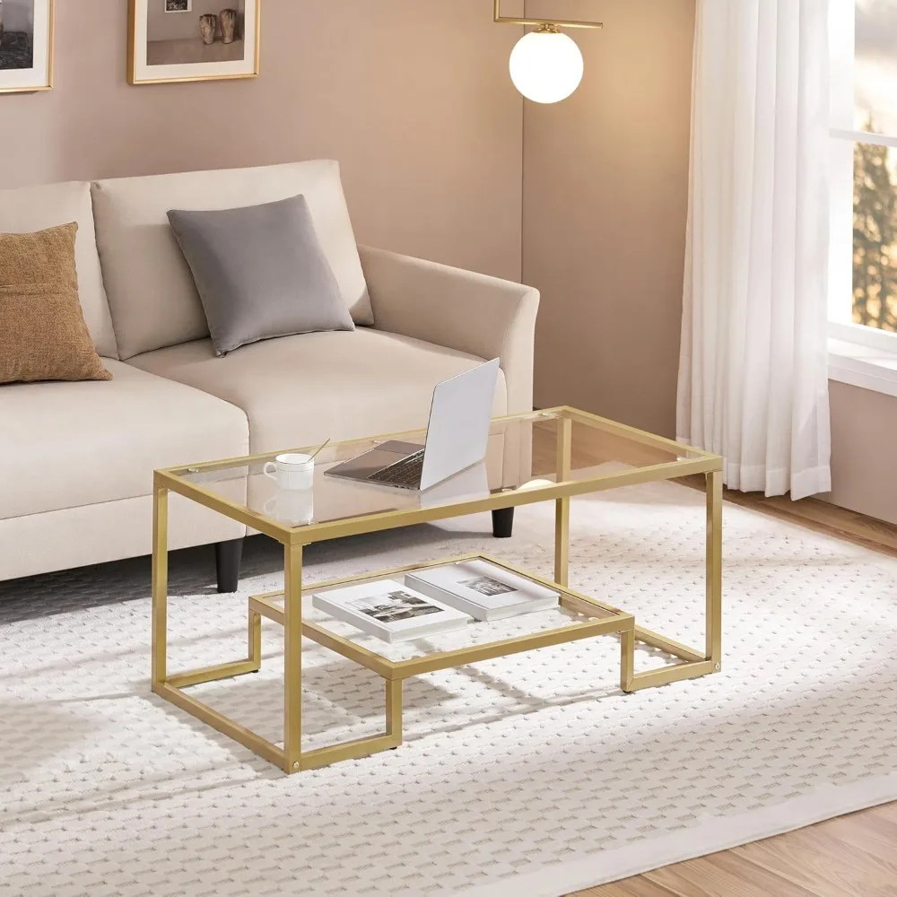 Gold Coffee Table, 42" Rectangular Glass Coffee Table for Living Room, 2-Tier Center Tea Tables with Metal Frame for Small Spac