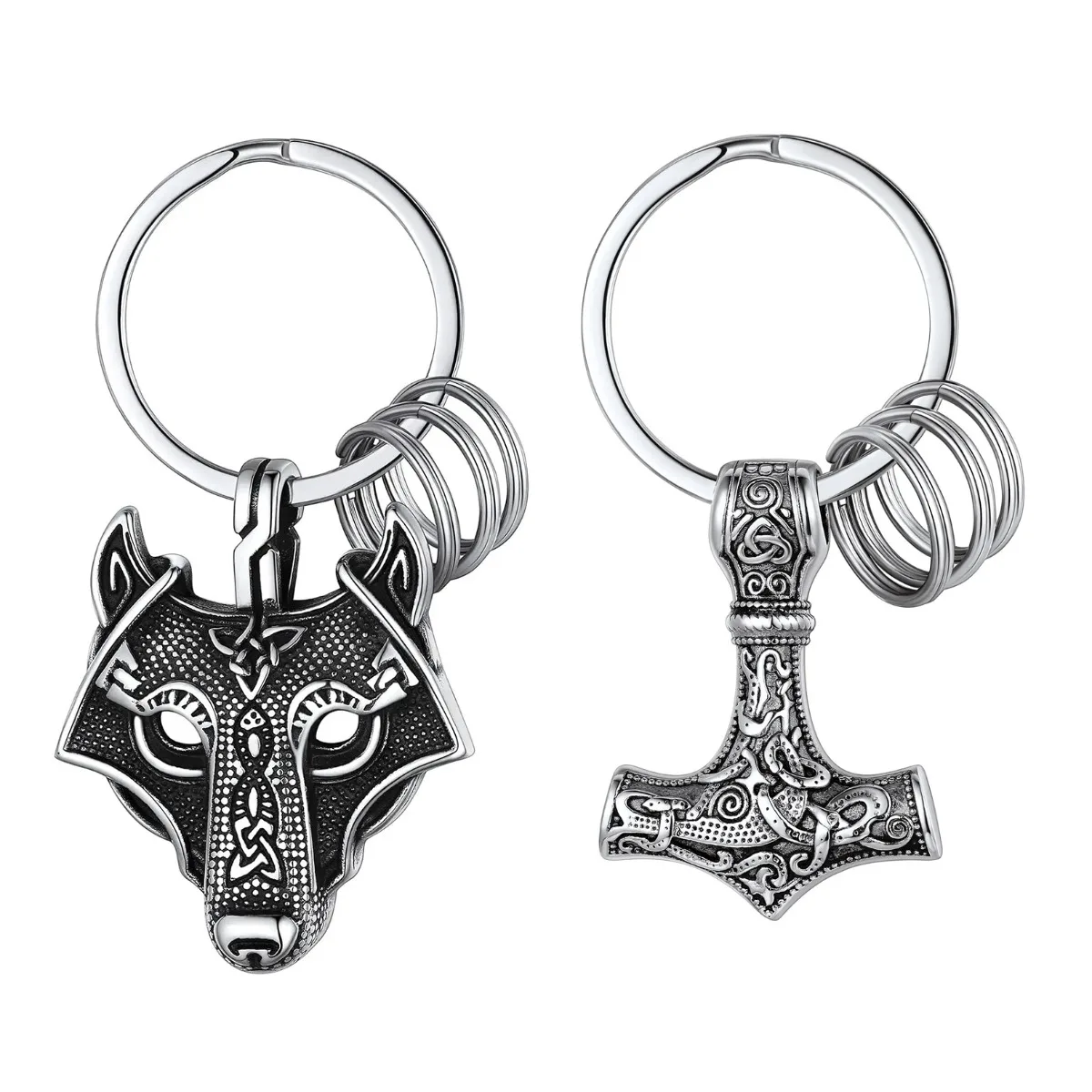 U7 Norse Viking Thor Hammer Wolf Head Keychain for Men Stainless Steel Key Rings Symbol Amulet Jewelry QC24