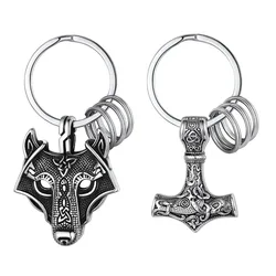 U7 Noorse Viking Hamer Wolf Hoofd Sleutelhanger voor Mannen Rvs Sleutelhangers Symbool Amulet Sieraden Gift