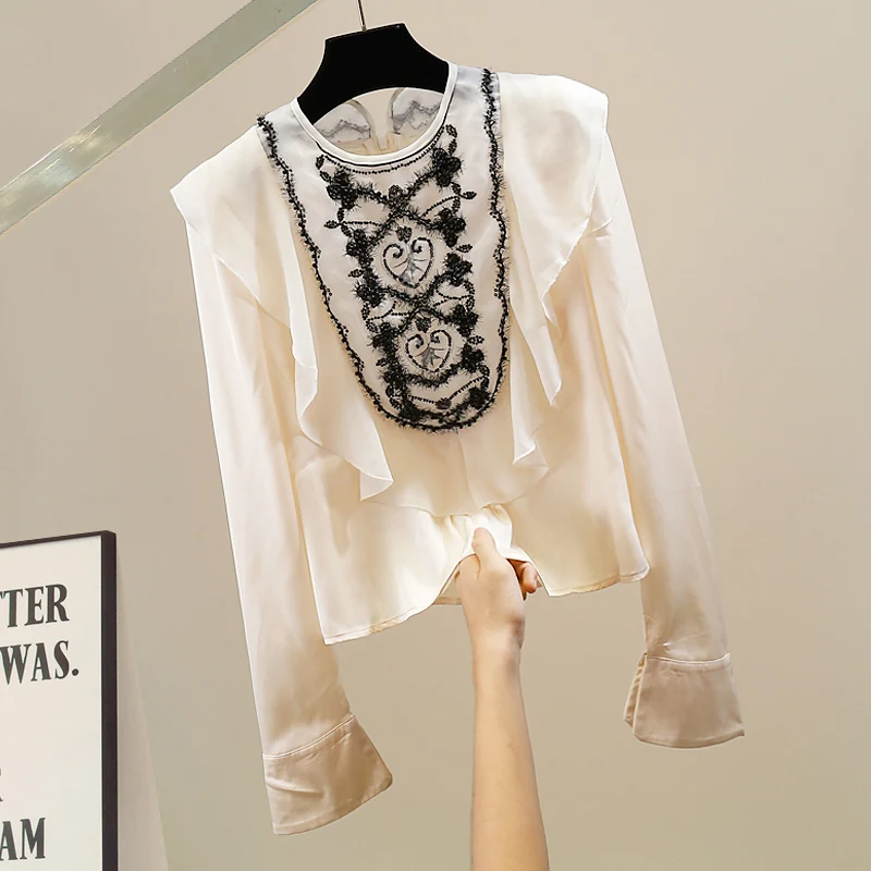 

Faionable Slim Fit Long Sve Satin irt Handmade Beaded Embroidery Waist Cinching Bell Sve Patchwork Top for Women