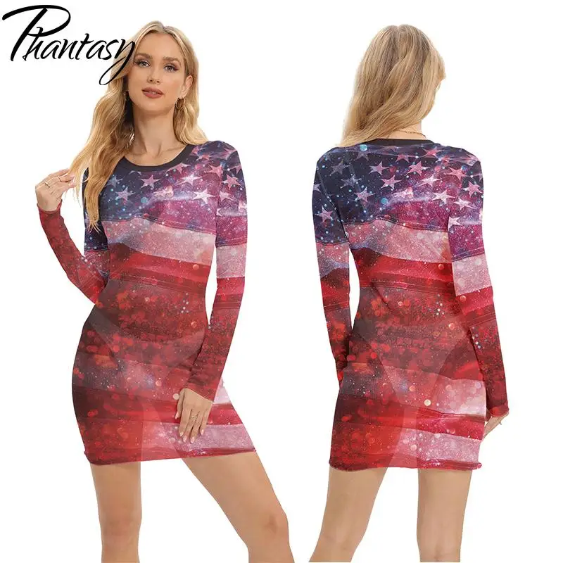 Phantasy Holiday Long Sleeve Dress Mesh Visible Mini Dress Up Crewneck Flag Pattern 3D Printing Outfit Spring Summer Wear